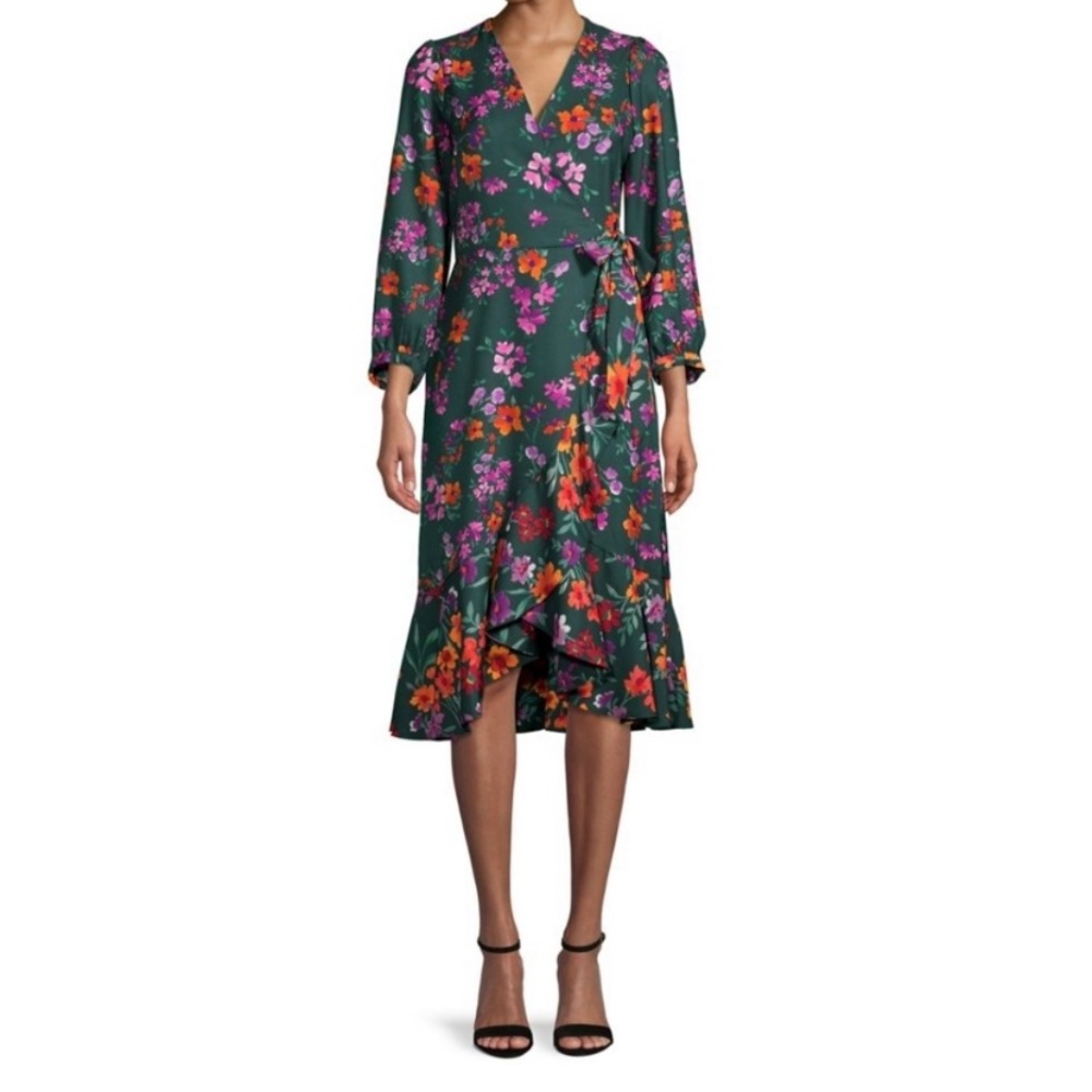 NEW Calvin Klein Floral Print Faux Wrap Dress - Picture 13 of 15